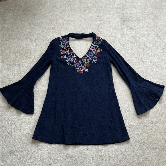 Xhilaration Navy Blue Midi Dress with Floral Embroidery - Size S - Picture 2 of 8